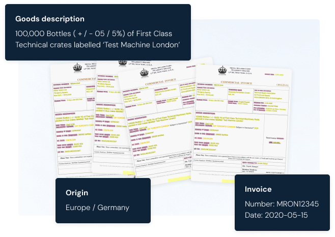Visual showing trade documents with information pulled out
