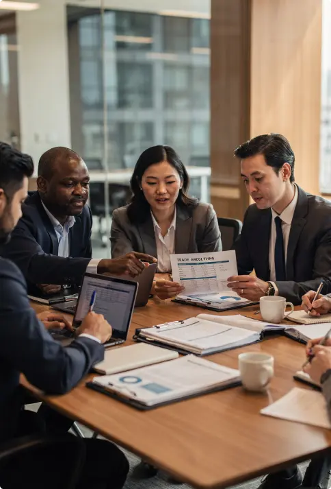 Image of 4 trade finance experst looking through trade documents in a modern office meeting room